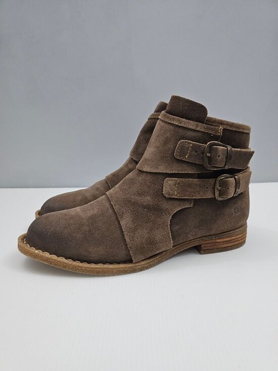 Born Shoes - Born Moraga Moto Ankle Boot Size 9.5 Taupe Brown Distressed Suede Western Buckle